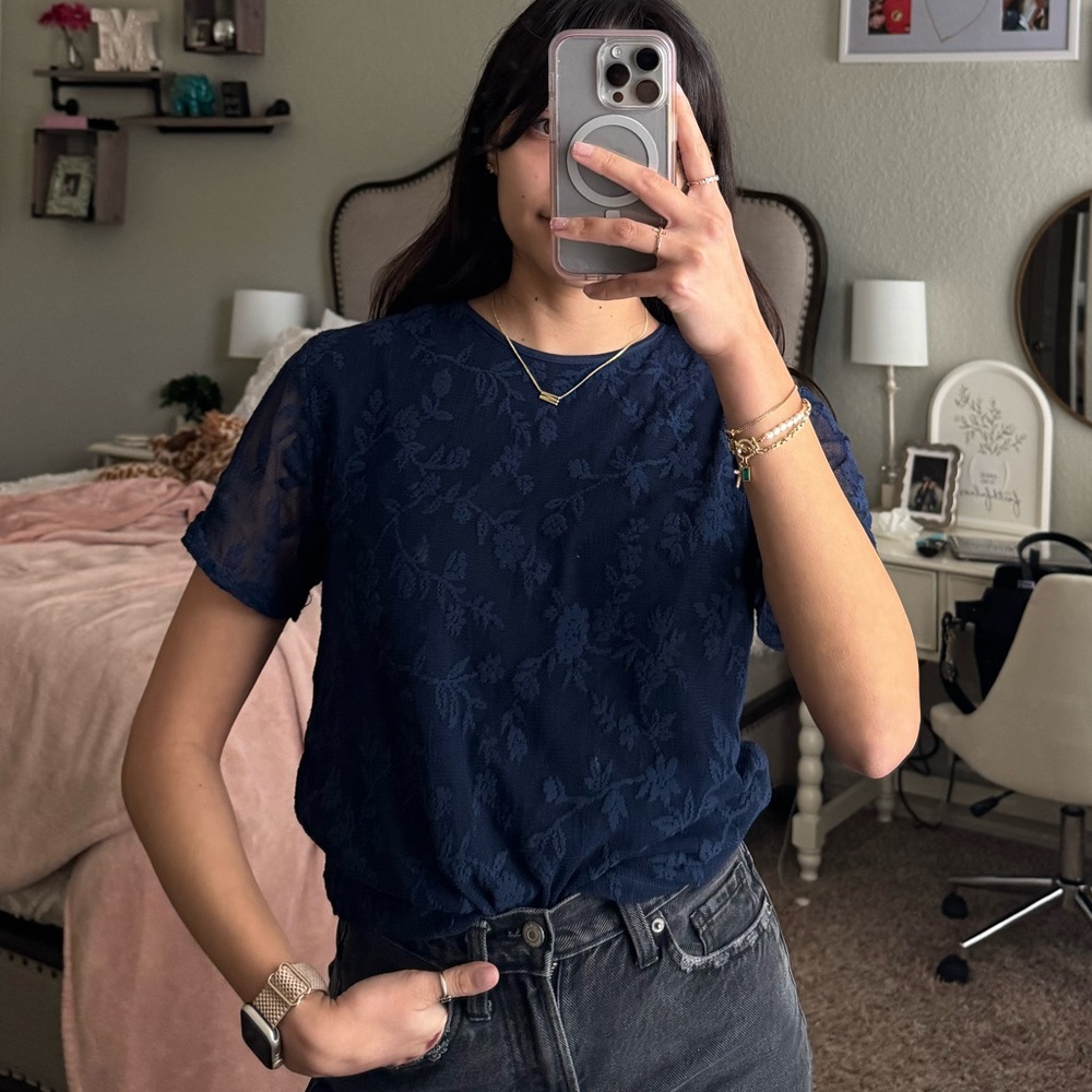 Karen Scott Navy Blue Lace Blouse